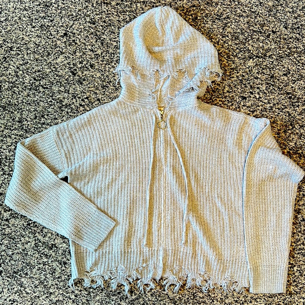 Distressed full-zip hooded sweater
